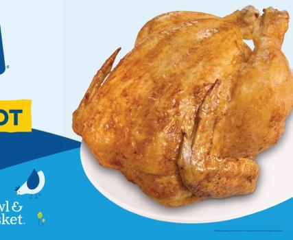 Perdue Chicken Spot product packaging with  chicken pieces and whole chicken displayed on blue background