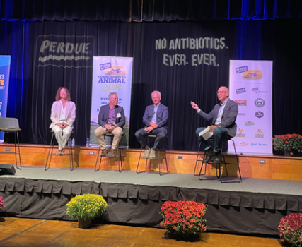 Mark McKay, Chief Commercial Officer at Perdue Farms, moderates a panel Dr. Bruce Stewart-Brown, Senior Vice President of Technical Services and Innovation at Perdue Farms, Dr. Lance Price, Professor at George Washington University, and Dr. Michelle Kromm, Principal at FoodForward LLC.