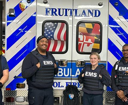 First responders with the Fruitland Volunteer Fire Company stand with one of their Active Assailant Response &ldquo;Go Bags.&rdquo; From left to right are Danny Webster, paramedic, Shane Morgan, Firefighter/EMT, Tori Taylor, paramedic, and Corray Heath, firefighter/EMT.