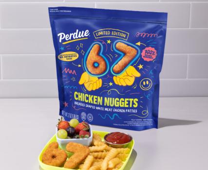 Perdue chicken nuggets packaging with yellow tray of nuggets and red dipping sauce cup