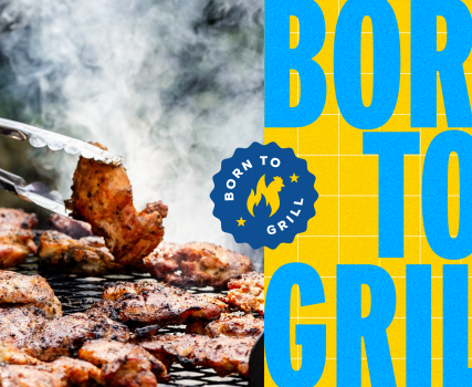 Chicken pieces cooking over flames on a grill with "Born to Grill" text overlay.