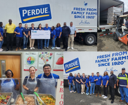 Perdue employees and representatives at outdoor event with branded truck and signage
