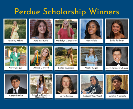 Perdue Scholarship Winners displayed in grid of 15 portrait photos on blue background.
