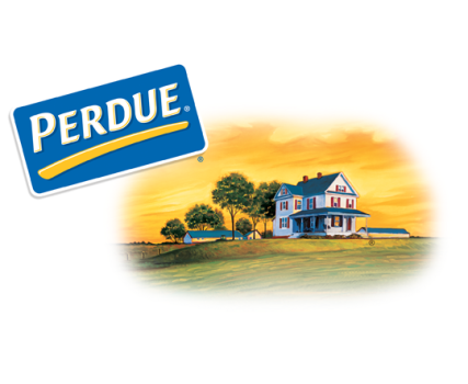 Perdue logo with yellow stripe next to illustrated farmhouse and trees