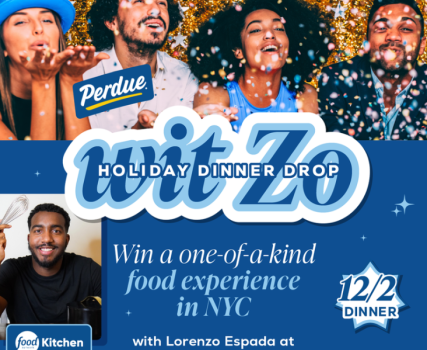 Group of people celebrating with confetti and Perdue branding, promoting a food experience contest.
