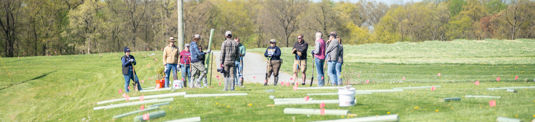 Group of people standing on a wooden boardwalk in a grassy outdoor area