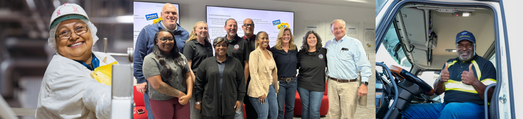 A three‑panel image showing a production‑floor worker, a group photo in an office with Perdue branding, and a truck driver giving two thumbs up.