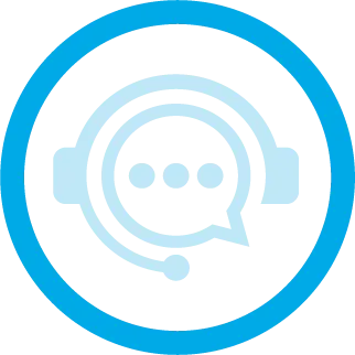Headset with chat bubble and three dots icon in blue circle