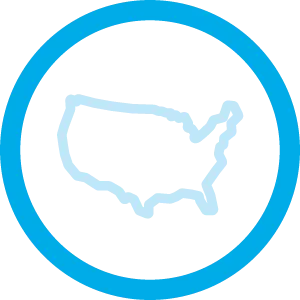 Map of United States outlined in light blue within blue circle