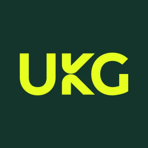 UKG logo in yellow text on dark green background