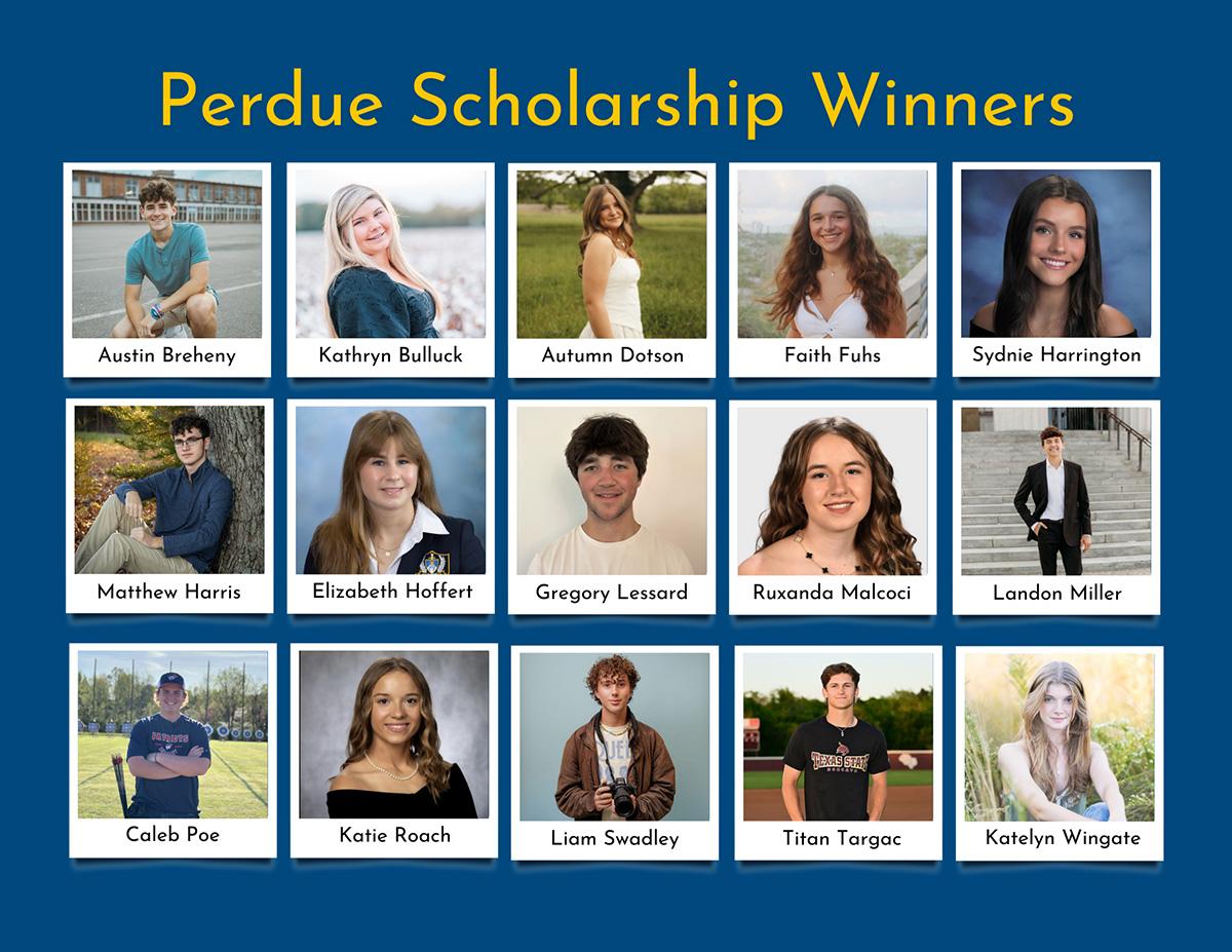 Perdue Scholarship Winners grid displaying 15 portrait photos of recipients on blue background.