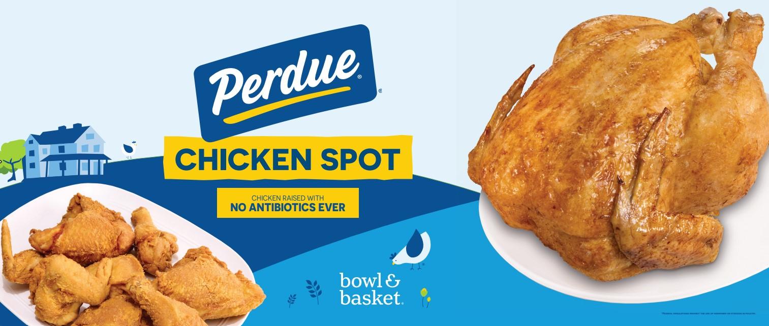 Perdue Chicken Spot product packaging with  chicken pieces and whole chicken displayed on blue background