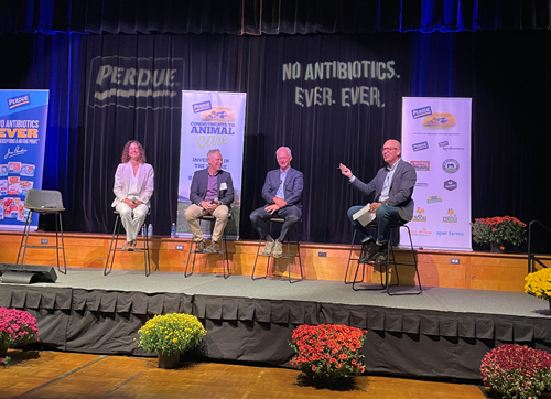 Mark McKay, Chief Commercial Officer at Perdue Farms, moderates a panel Dr. Bruce Stewart-Brown, Senior Vice President of Technical Services and Innovation at Perdue Farms, Dr. Lance Price, Professor at George Washington University, and Dr. Michelle Kromm, Principal at FoodForward LLC.