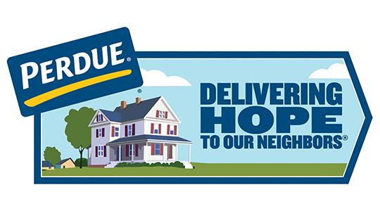 Perdue logo with "Delivering Hope is our promise" tagline and house illustration