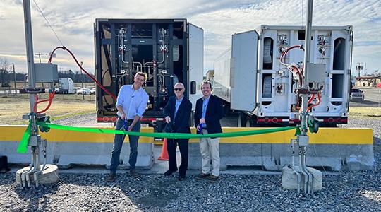 From left to right: Marc Fetten, CEO and Founder of GreenGasUSA, Randy Day, CEO of Perdue Farms, and Drew Getty, Vice President of Environmental Sustainability and Government Relations at Perdue Farms, celebrate the success of the companies' renewable natural gas (RNG) project at Perdue's Lewiston, N.C. operations during a ribbon-cutting ceremony.