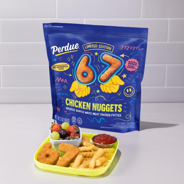 Perdue chicken nuggets packaging with yellow tray of nuggets and red dipping sauce cup