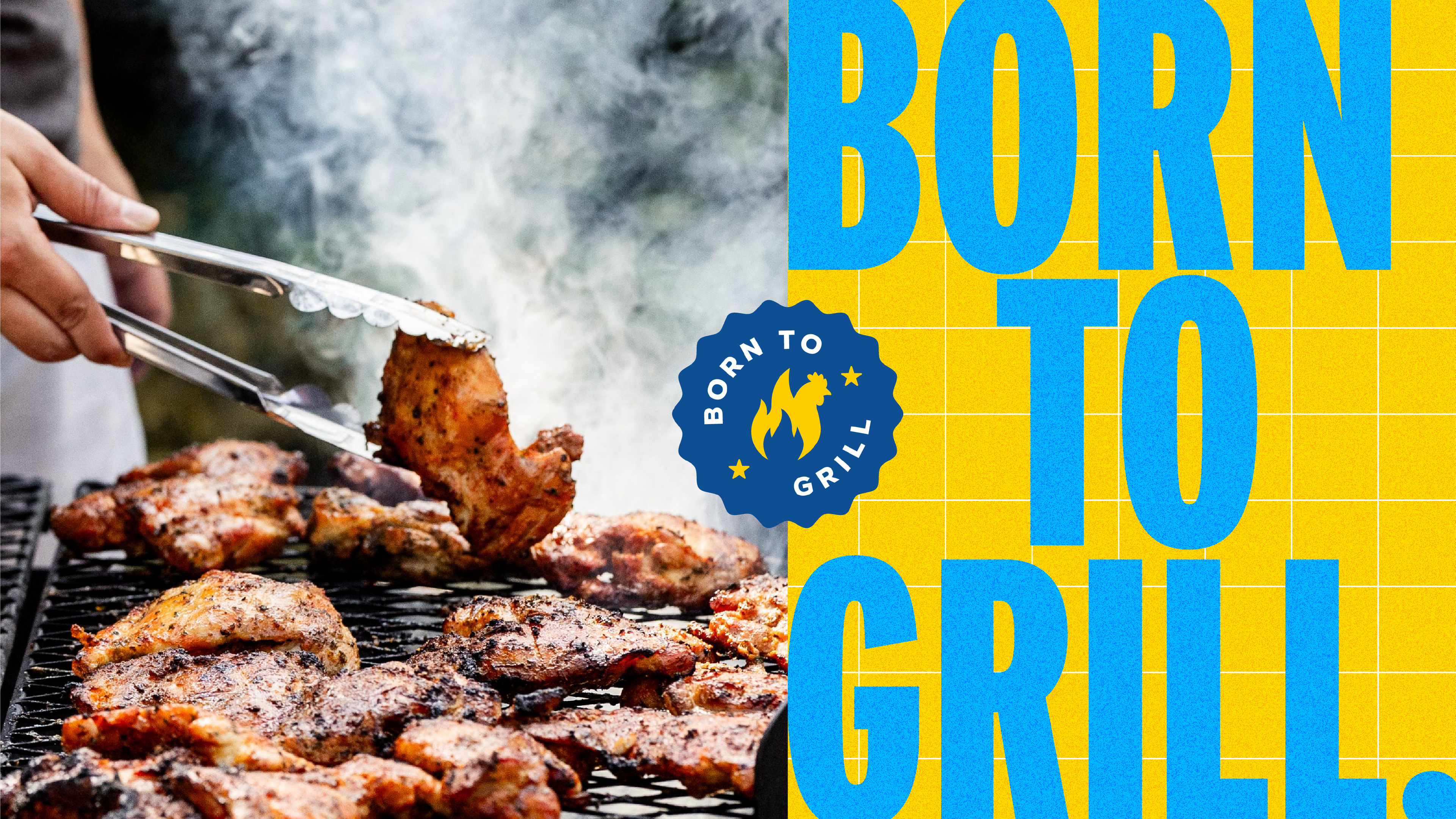 Chicken pieces cooking over flames on a grill with "Born to Grill" text overlay.