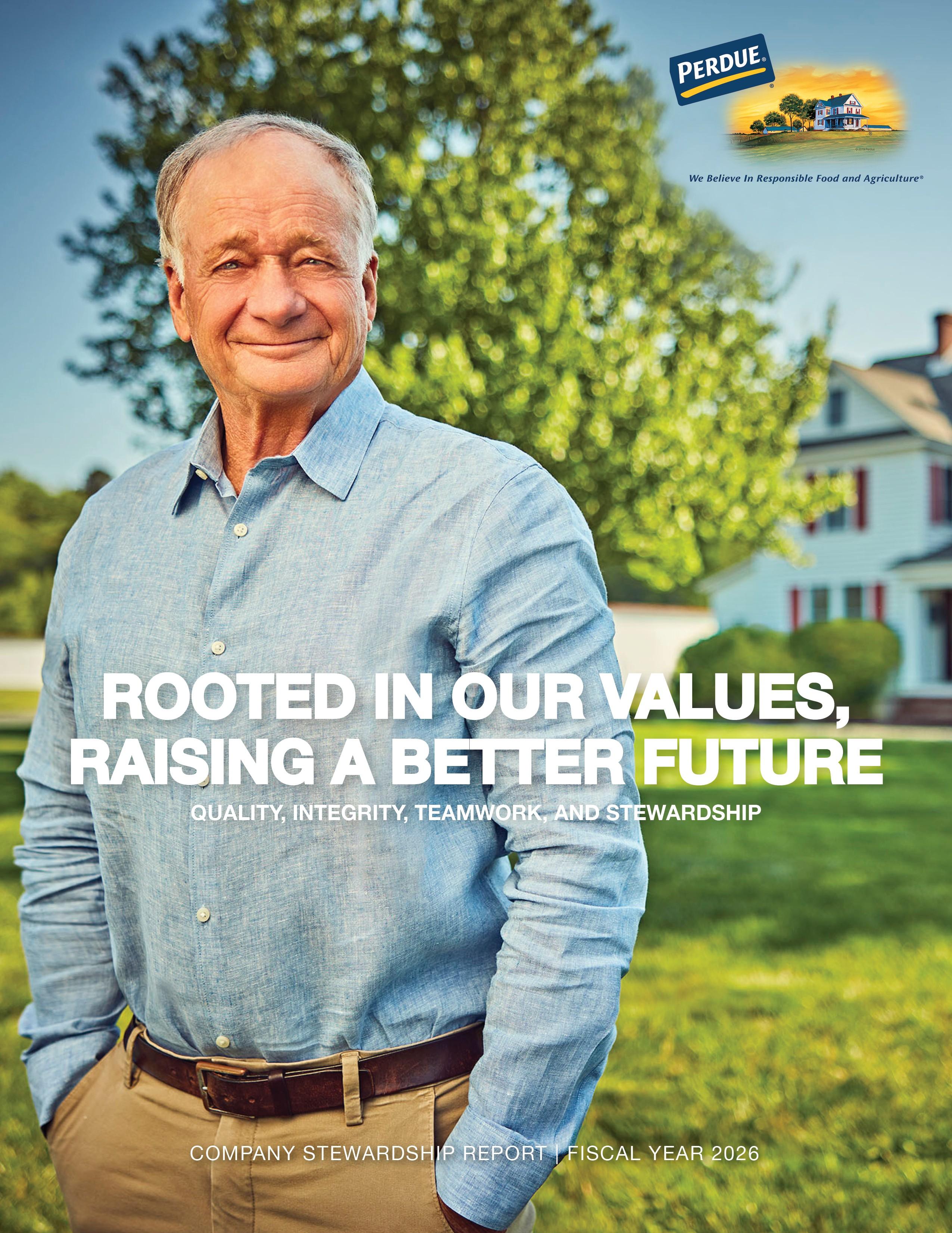 Older man in light blue shirt standing outdoors with house and trees in background, text reads "Rooted in our values, raising a better future"