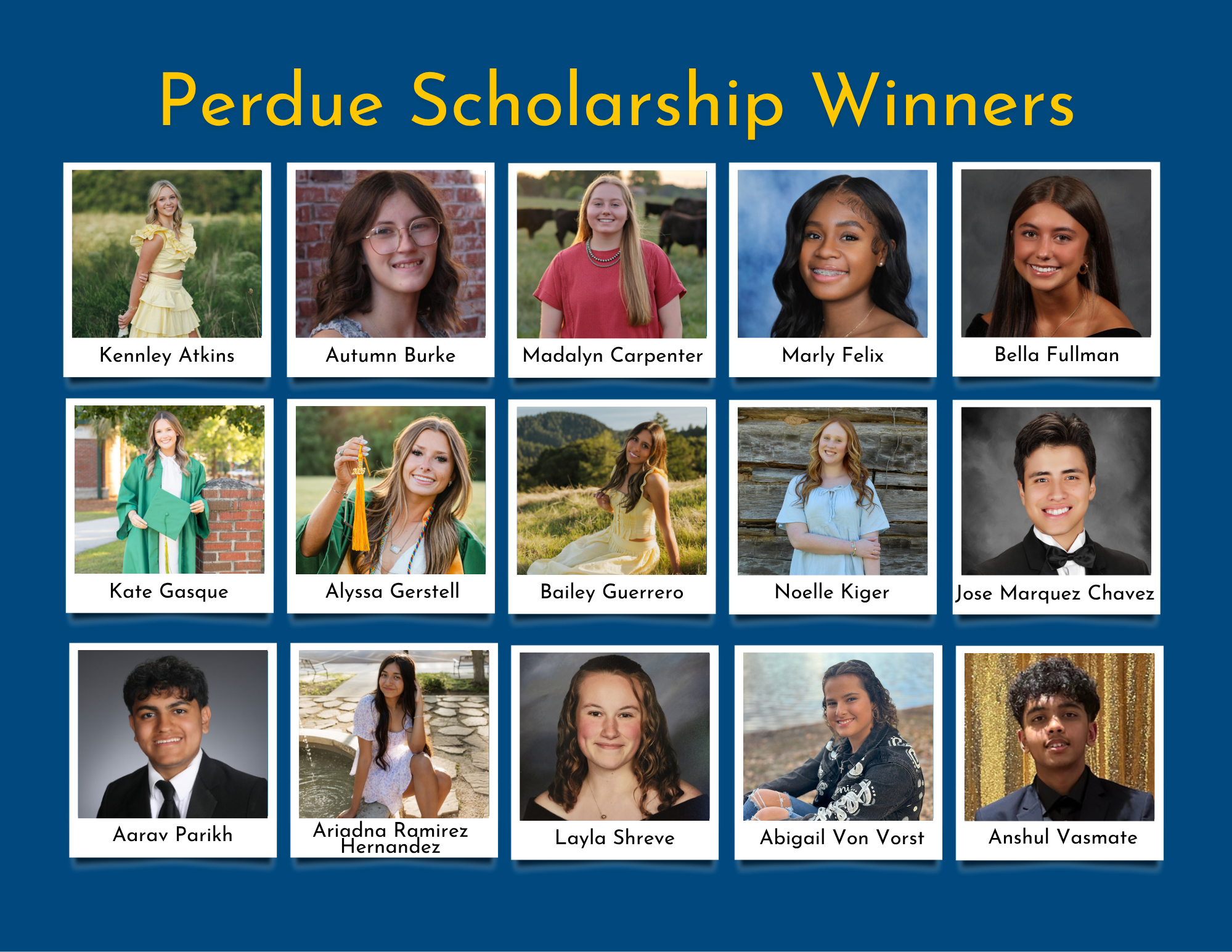 Perdue Scholarship Winners displayed in grid of 15 portrait photos on blue background.