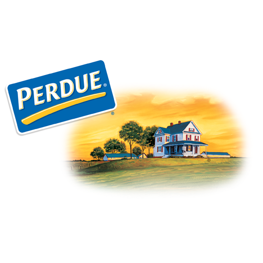Perdue logo with yellow stripe next to illustrated farmhouse and trees