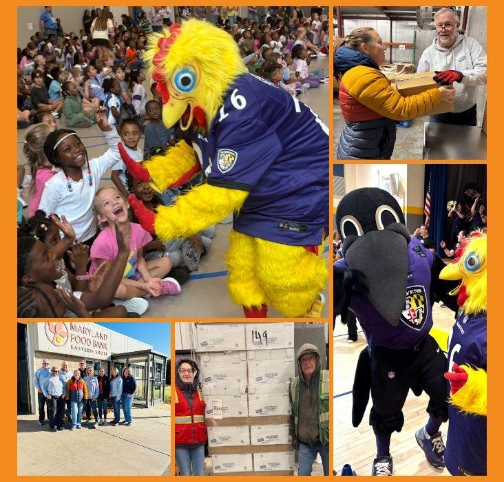 Mascot in yellow costume interacting with crowd at event; collage includes photos of mascot with children and fans in stadium setting.
