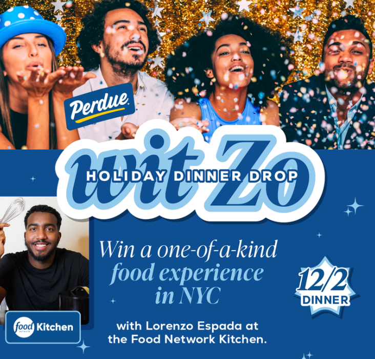 Group of people celebrating with confetti and Perdue branding, promoting a food experience contest.